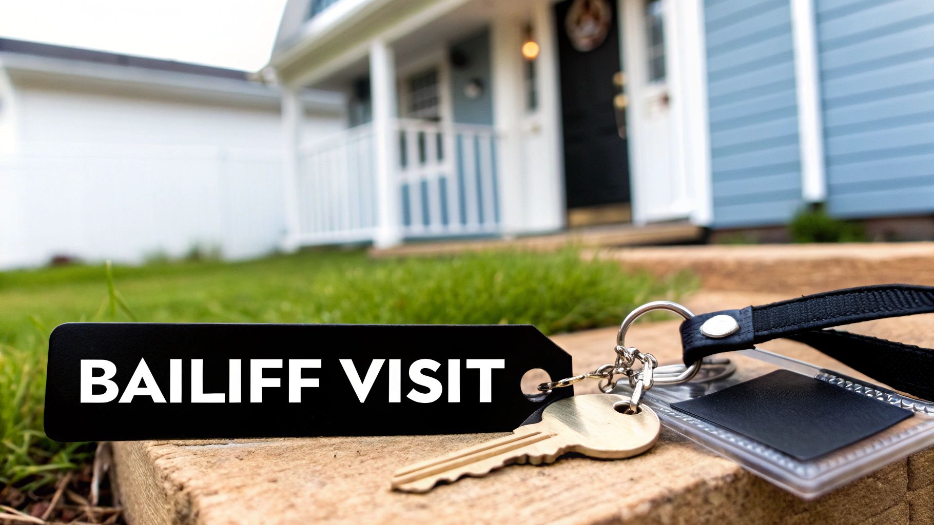 A black keychain with 'BAILIFF VISIT' text and a house key resting on a step in front of a residential house.