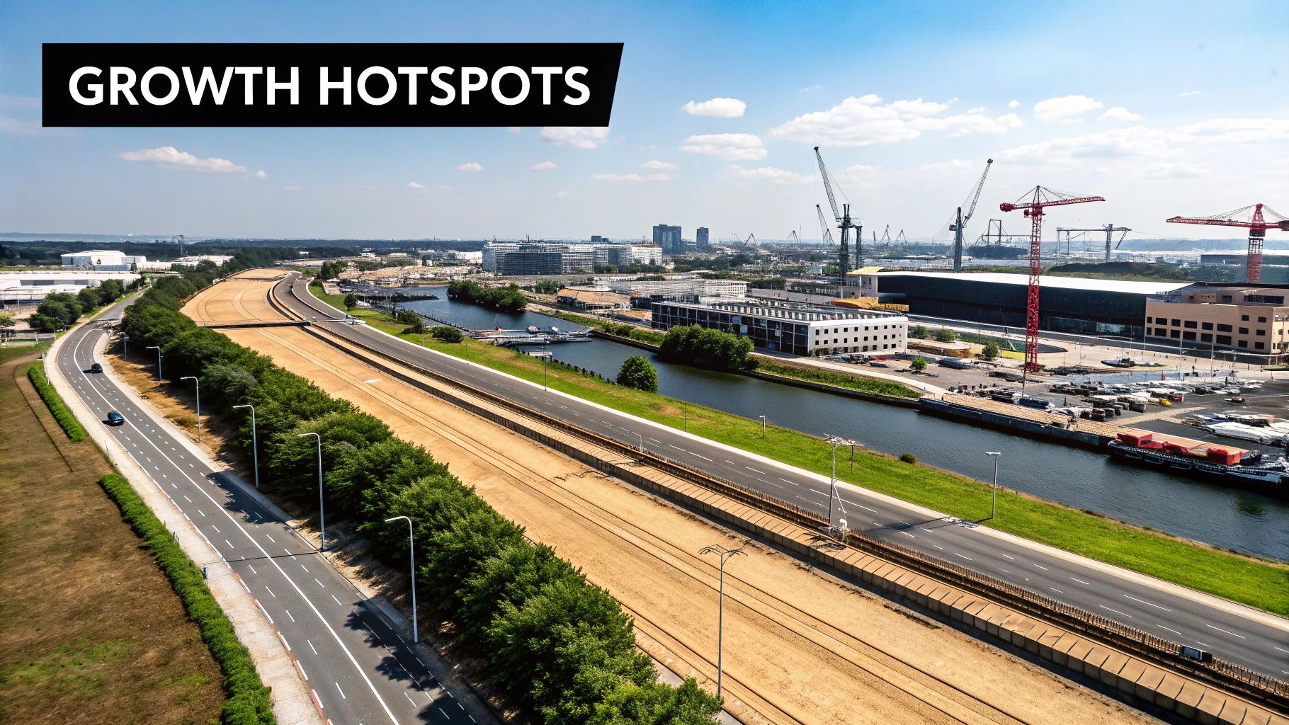 Aerial view of an urban landscape with roads, a canal, new buildings, and construction cranes, labeled 'GROWTH HOTSPOTS'.