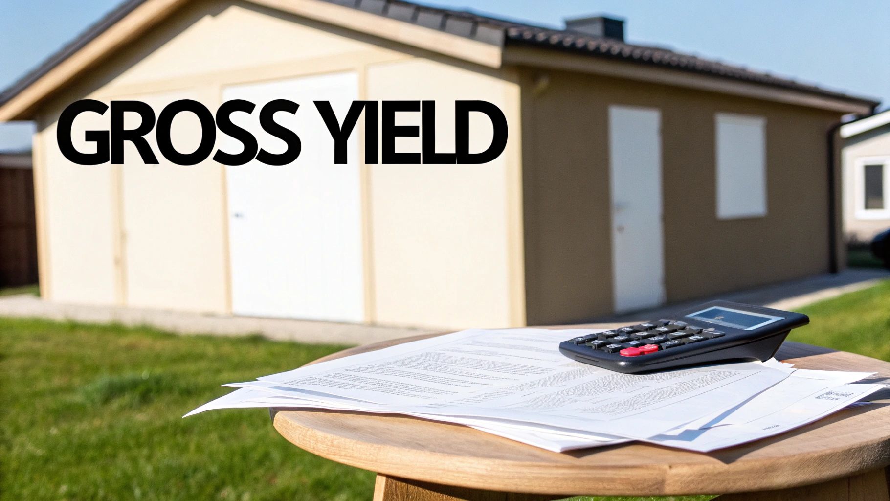 A house with 'GROSS YIELD' text, a calculator, and papers on a wooden table outdoors.