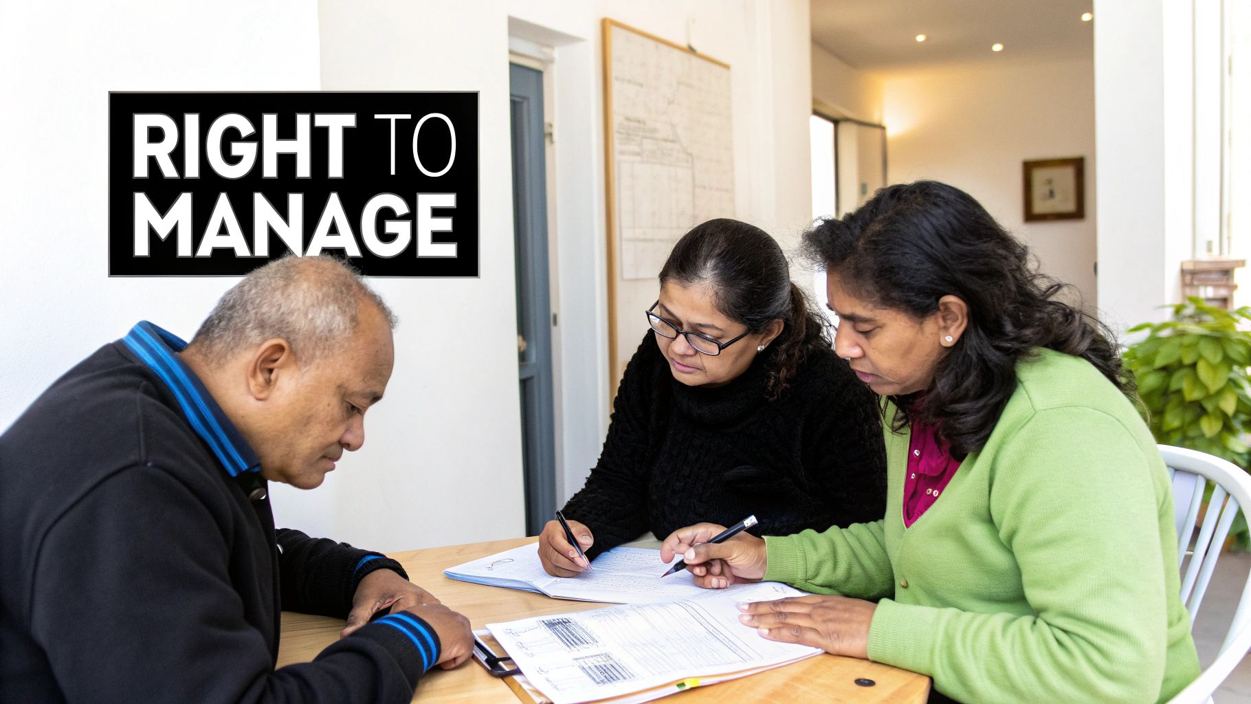 Three individuals, two women and one man, review documents at a wooden table under a 'Right to Manage' sign.
