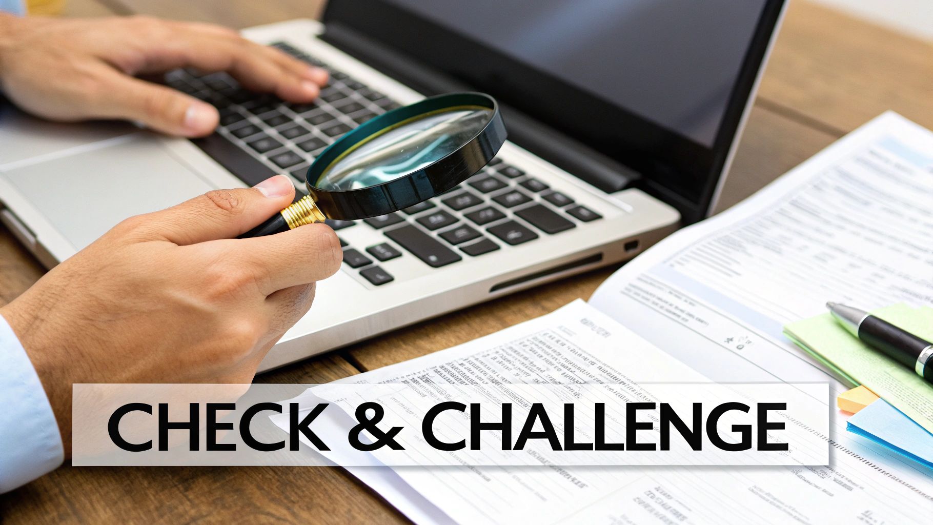 Hands reviewing financial documents with a magnifying glass next to a laptop, emphasizing thorough inspection.