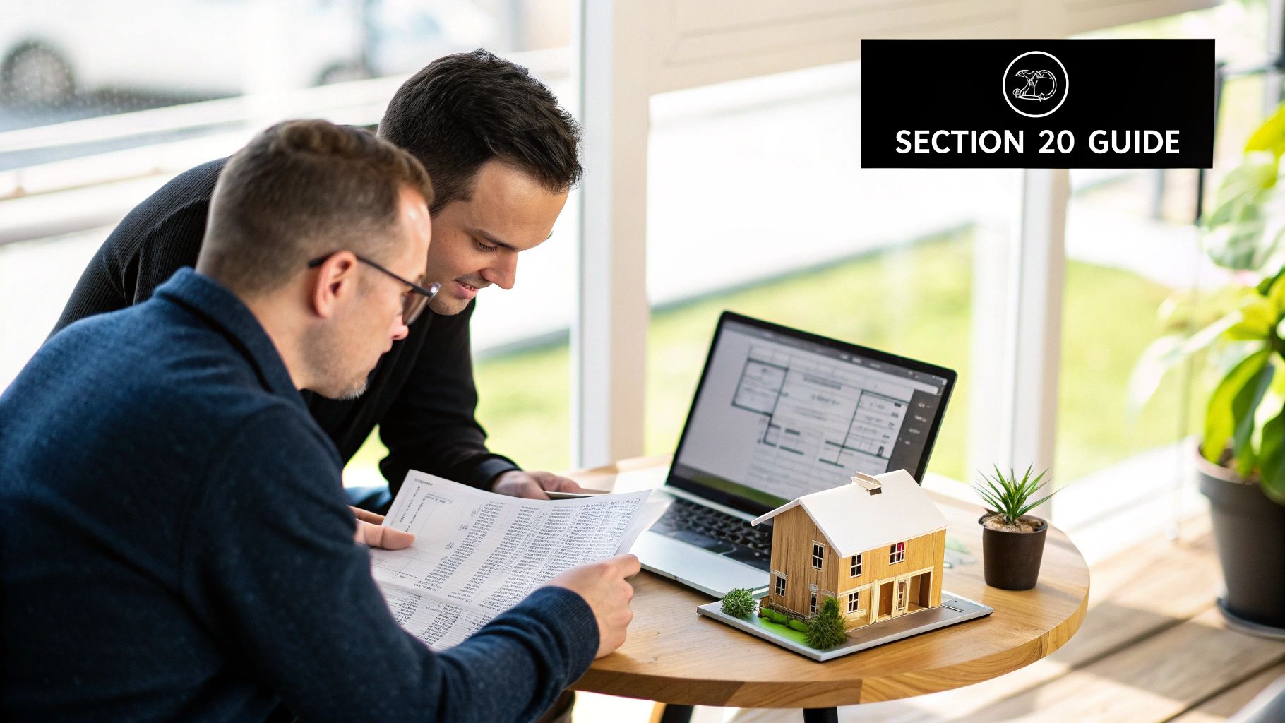 Two men studying documents and a laptop next to a house model, likely discussing property.