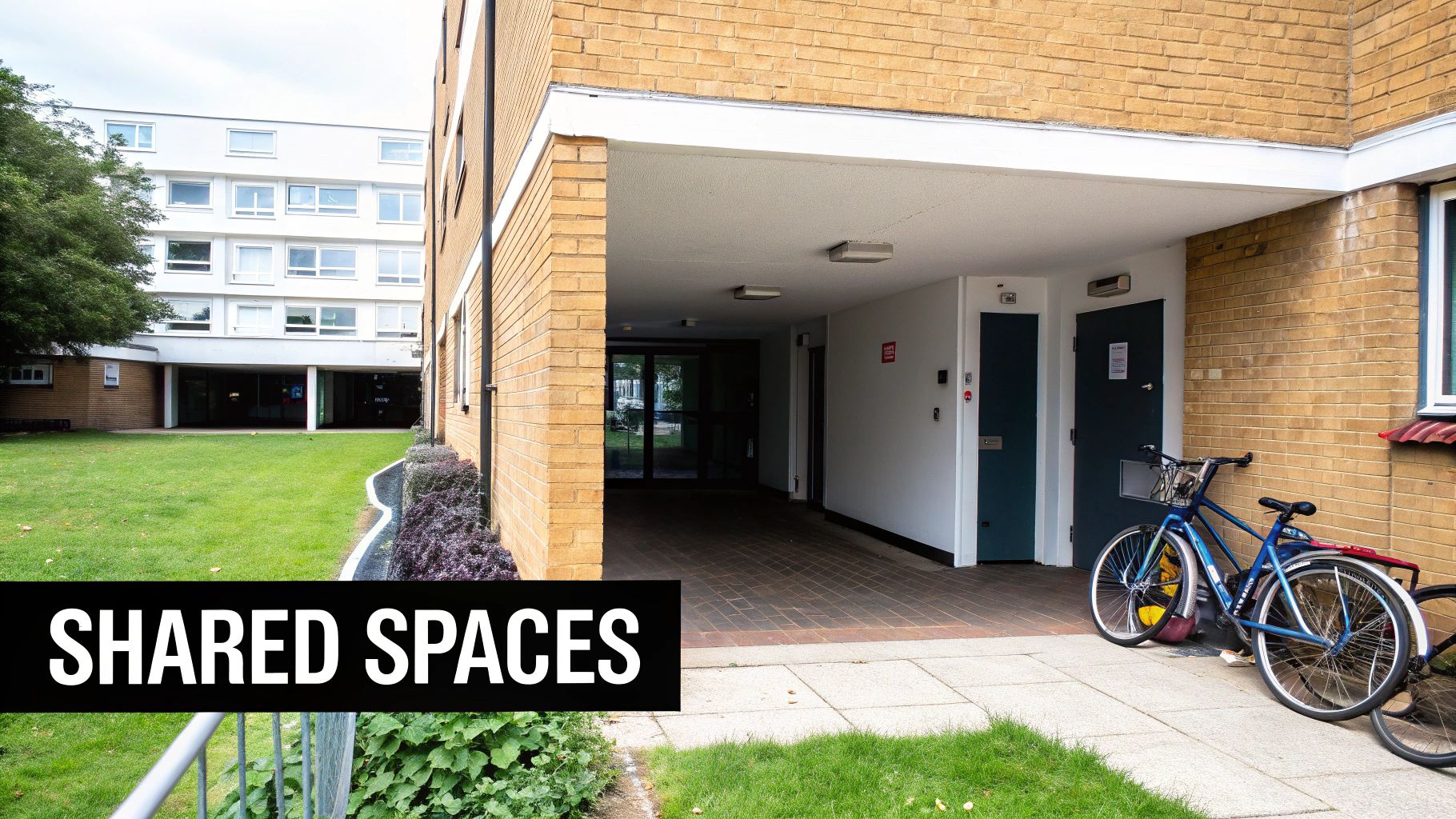 An exterior view of a brick building entrance with two bicycles parked and green communal areas.
