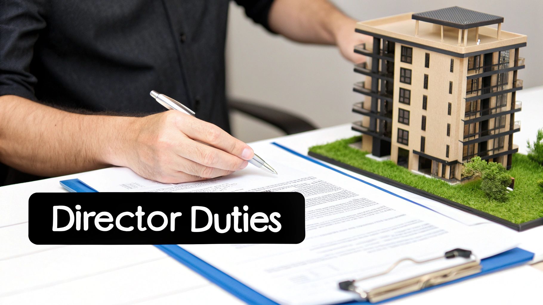 A person signs a document with a pen, next to a model building and 'Director Duties' text.