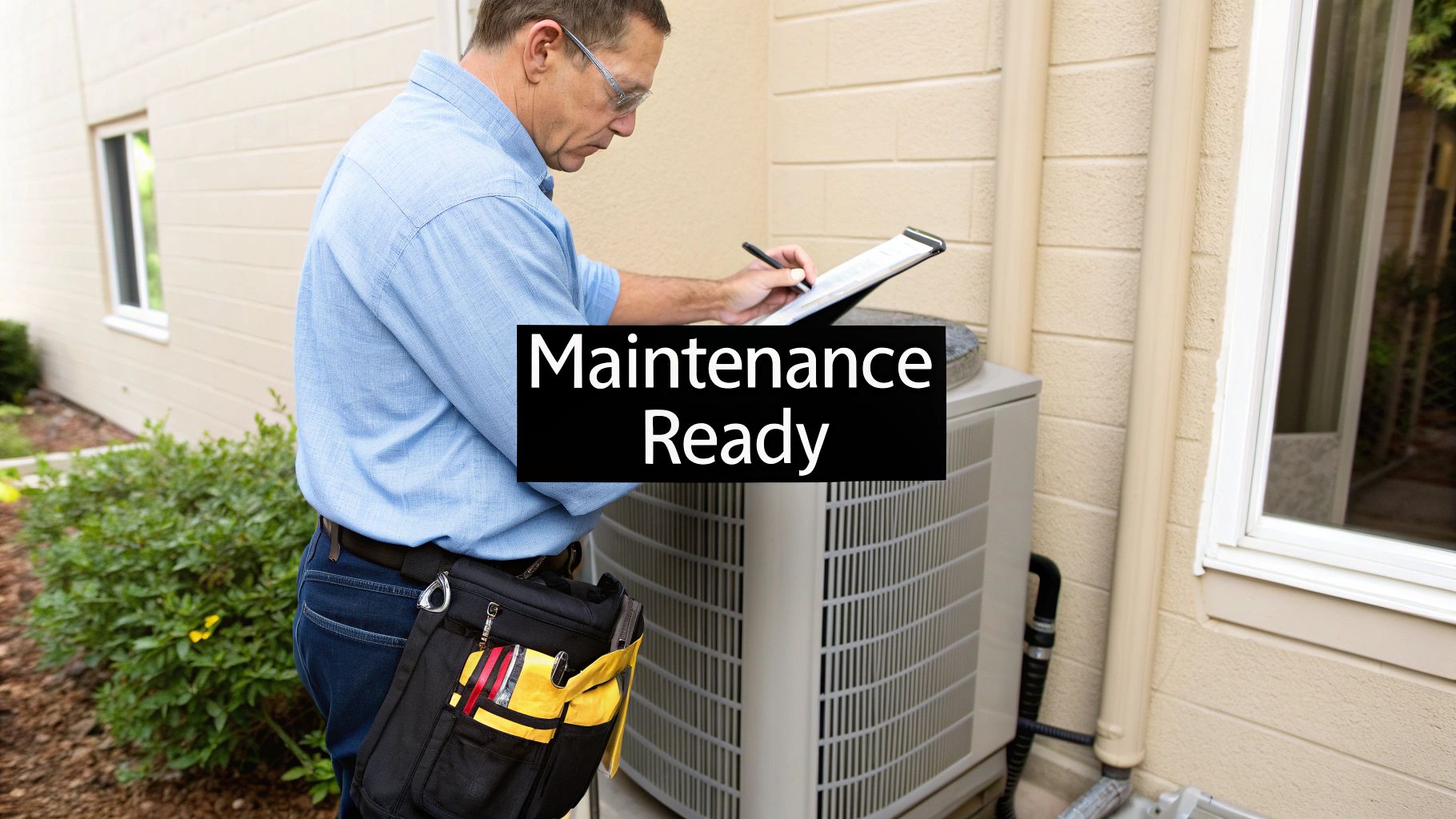 HVAC technician inspecting outdoor air conditioning unit while taking notes on clipboard