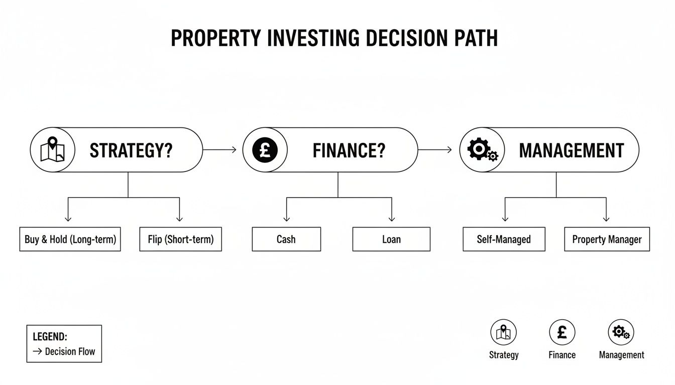 Flowchart illustrating the property investing decision path, covering strategy, finance, and management options.