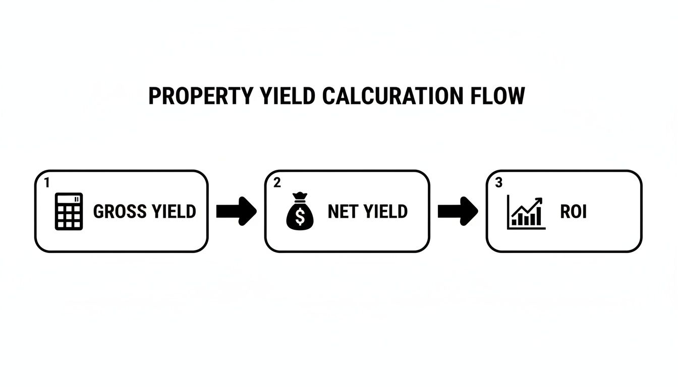 Flowchart illustrating the property yield calculation process from gross yield to net yield and ROI.