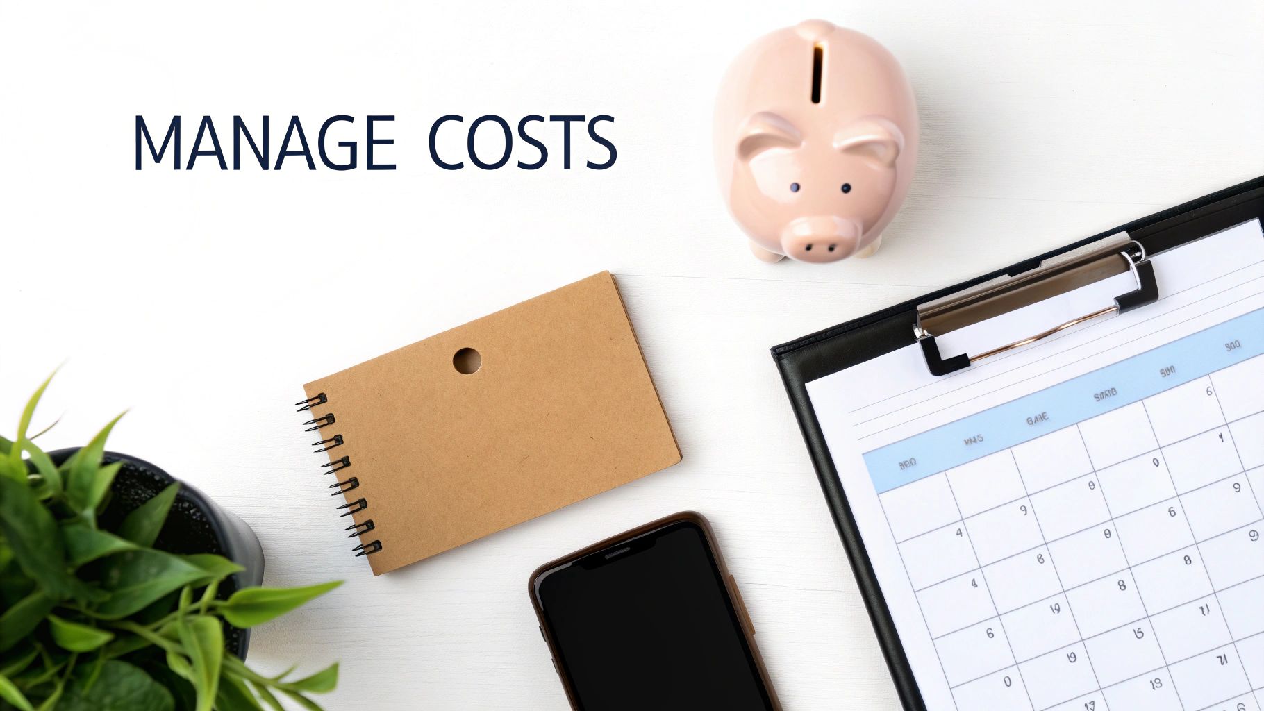 Flat lay of items for cost management: 'MANAGE COSTS' text, piggy bank, calendar, notebook, and phone.