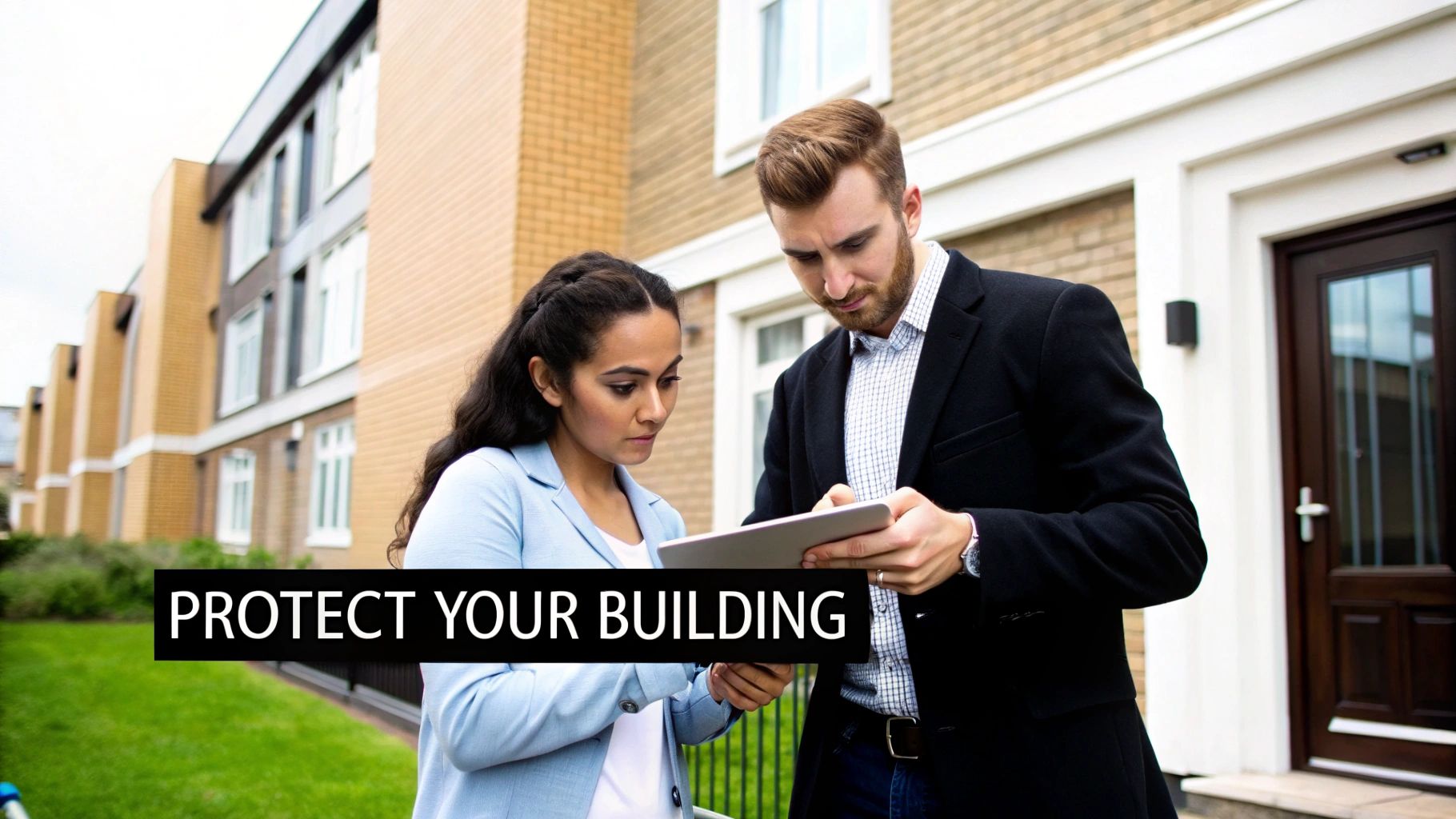 Two professionals review a tablet with 'PROTECT YOUR BUILDING' text overlay, in front of modern residential buildings.