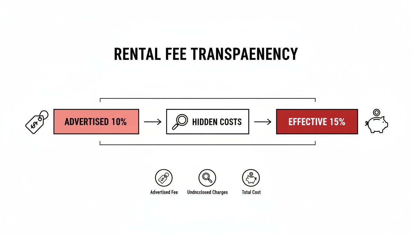 Diagram showing rental fee transparency: advertised 10% becomes effective 15% due to hidden costs.