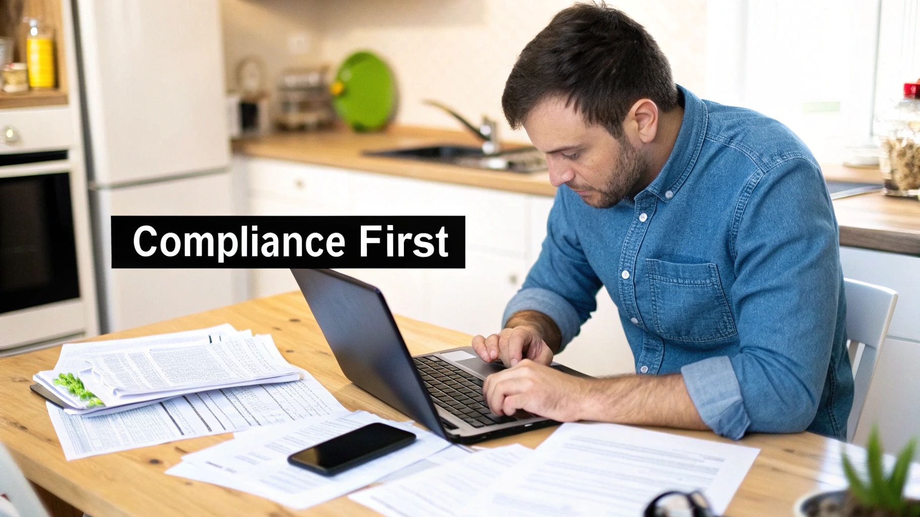 A man in a denim shirt works diligently on a laptop at a kitchen table surrounded by documents.