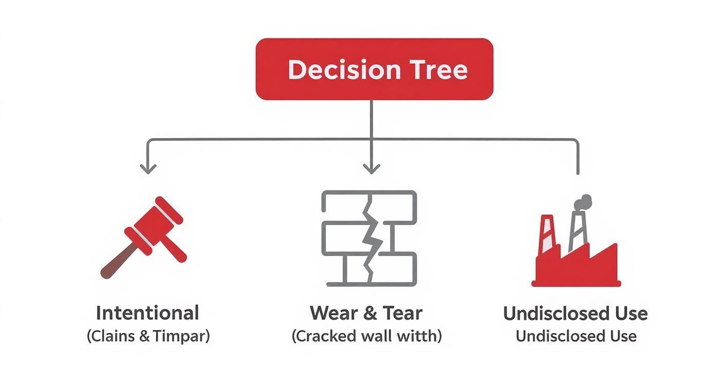 An infographic decision tree showing common reasons for landlords liability insurance claim denials, such as intentional damage, gradual wear and tear, and undisclosed property use.