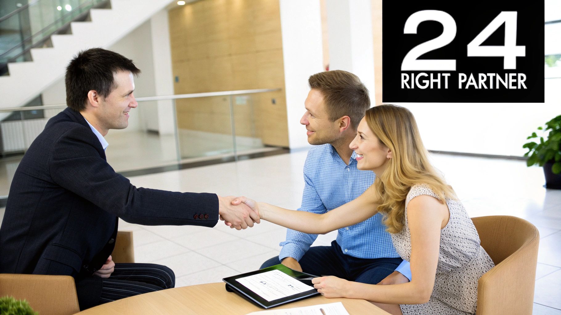 Three smiling people in a modern office, with a man and woman shaking hands over a tablet.