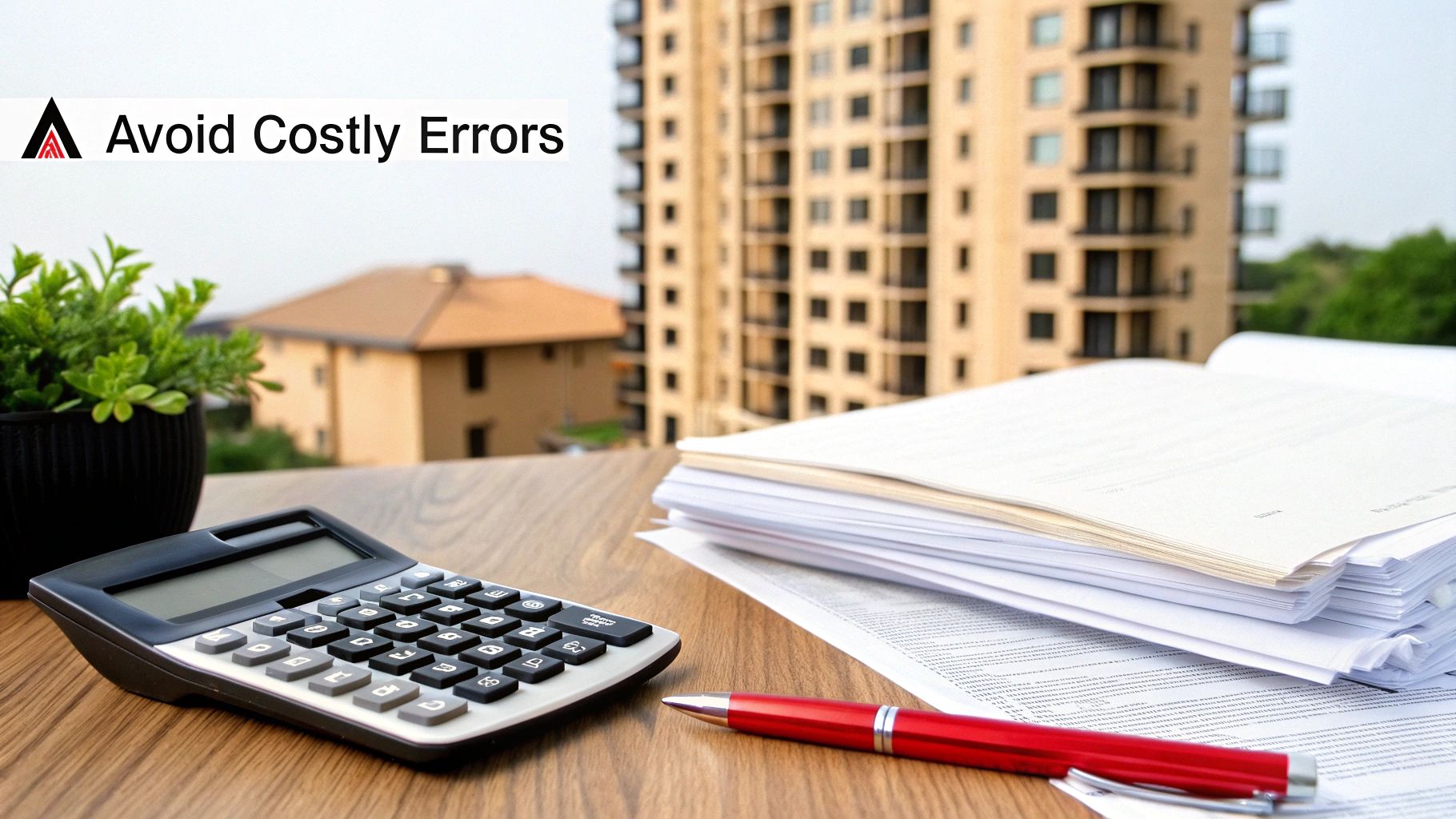A calculator, stack of papers, and red pen on a desk with buildings, emphasizing avoiding costly errors.
