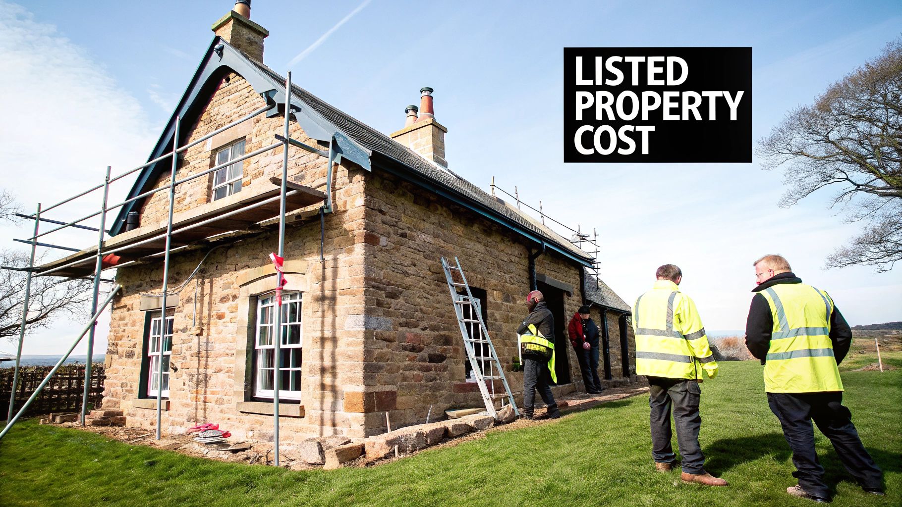 Construction workers outside a historic listed stone house with scaffolding, discussing property costs.