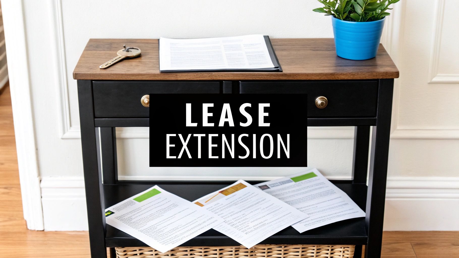 A console table with a key, plant, and documents, featuring a "LEASE EXTENSION" sign.
