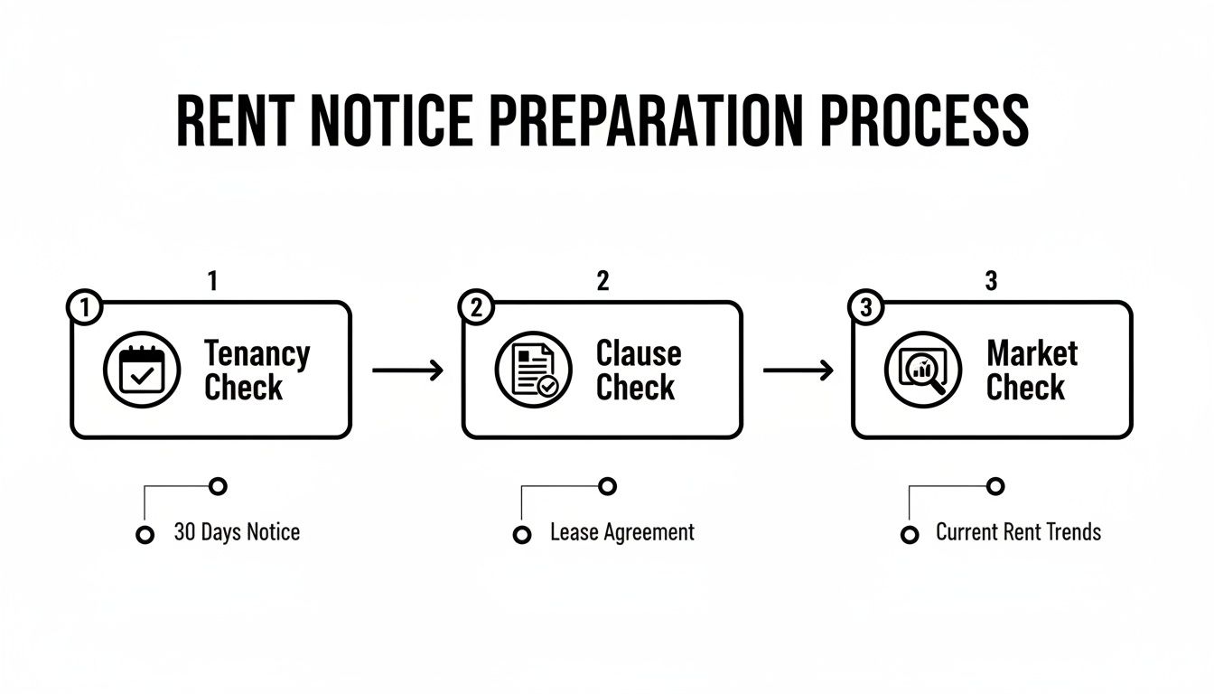 Flowchart showing the rent notice preparation process steps: Tenancy Check, Clause Check, and Market Check.