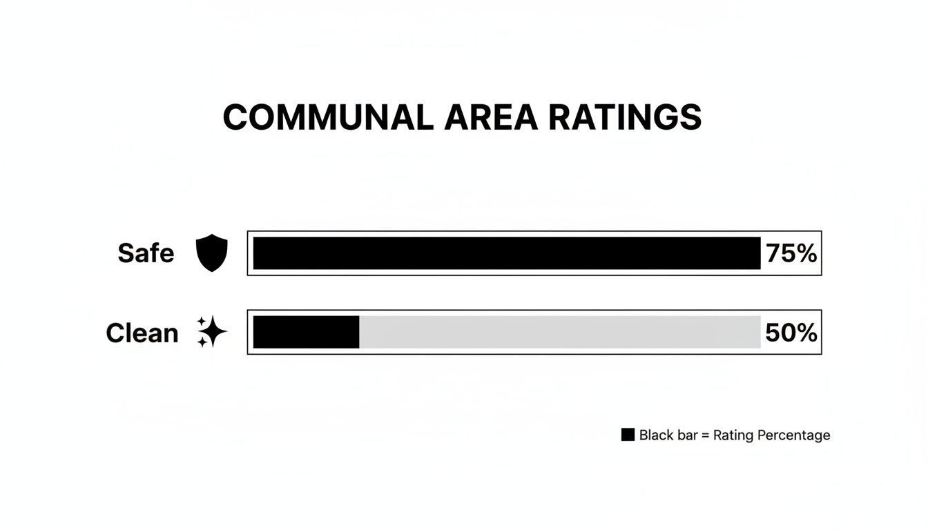 A bar chart titled 'Communal Area Ratings' showing Safe at 75% and Clean at 50%.
