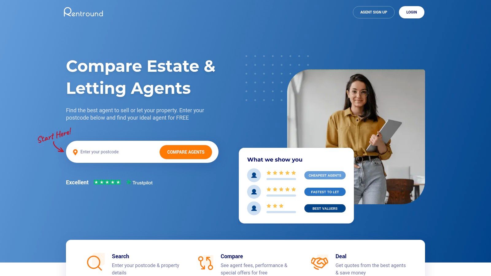 A screenshot of the Rentround agent comparison interface, showing different agents' fees and services side-by-side for a specific postcode.