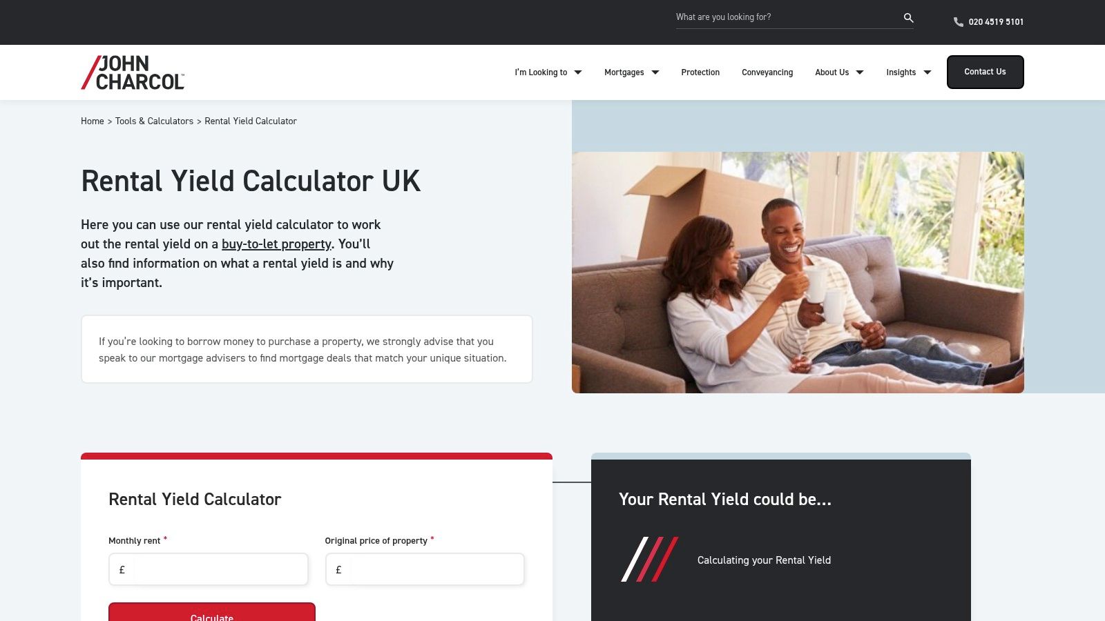 Screenshot of the John Charcol Rental Yield Calculator, showing input fields for property value, monthly rent, and various annual running costs like management and insurance.