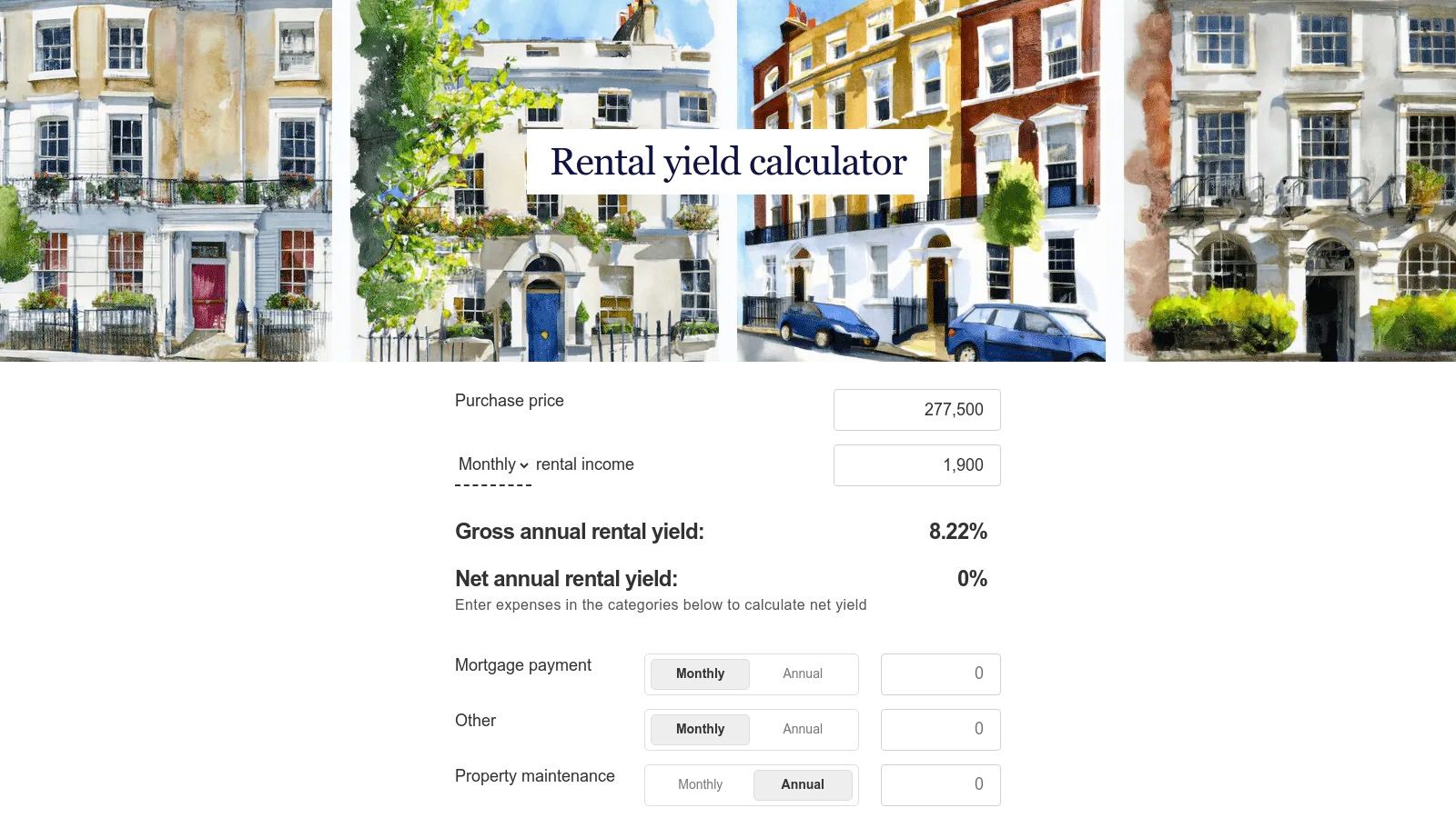 Screenshot of the RentalYieldCalculator.co.uk interface, showing fields for property price, rental income, and various expense categories.