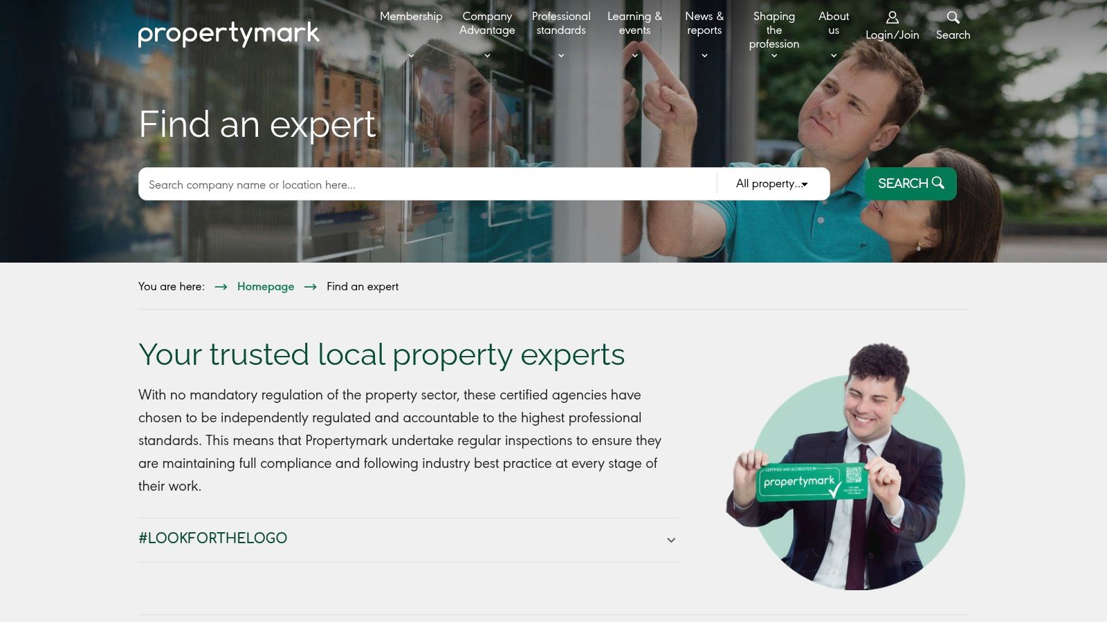 A screenshot of the Propertymark 'Find an Expert' search tool, which allows landlords to find regulated and accredited property agents in their local area.