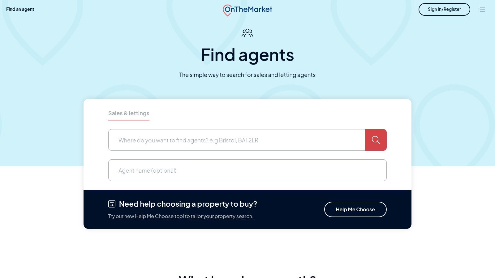 A screenshot of the OnTheMarket 'Find an Agent' search page, where users can browse local branches and request valuations for lettings.