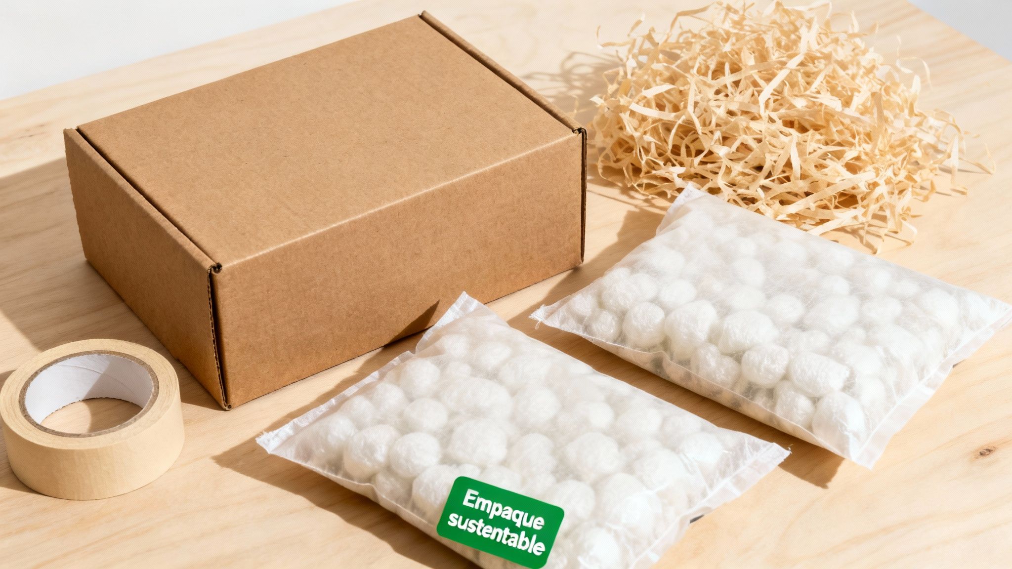 Caja de cartón, cinta adhesiva, papel triturado y bolsas con relleno biodegradable para empaque sustentable.