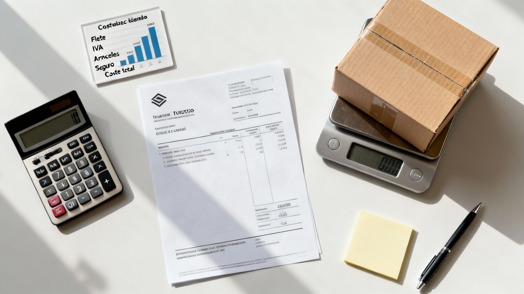 Vista aérea de artículos de oficina para calcular costos de envío y aduanas de un paquete.