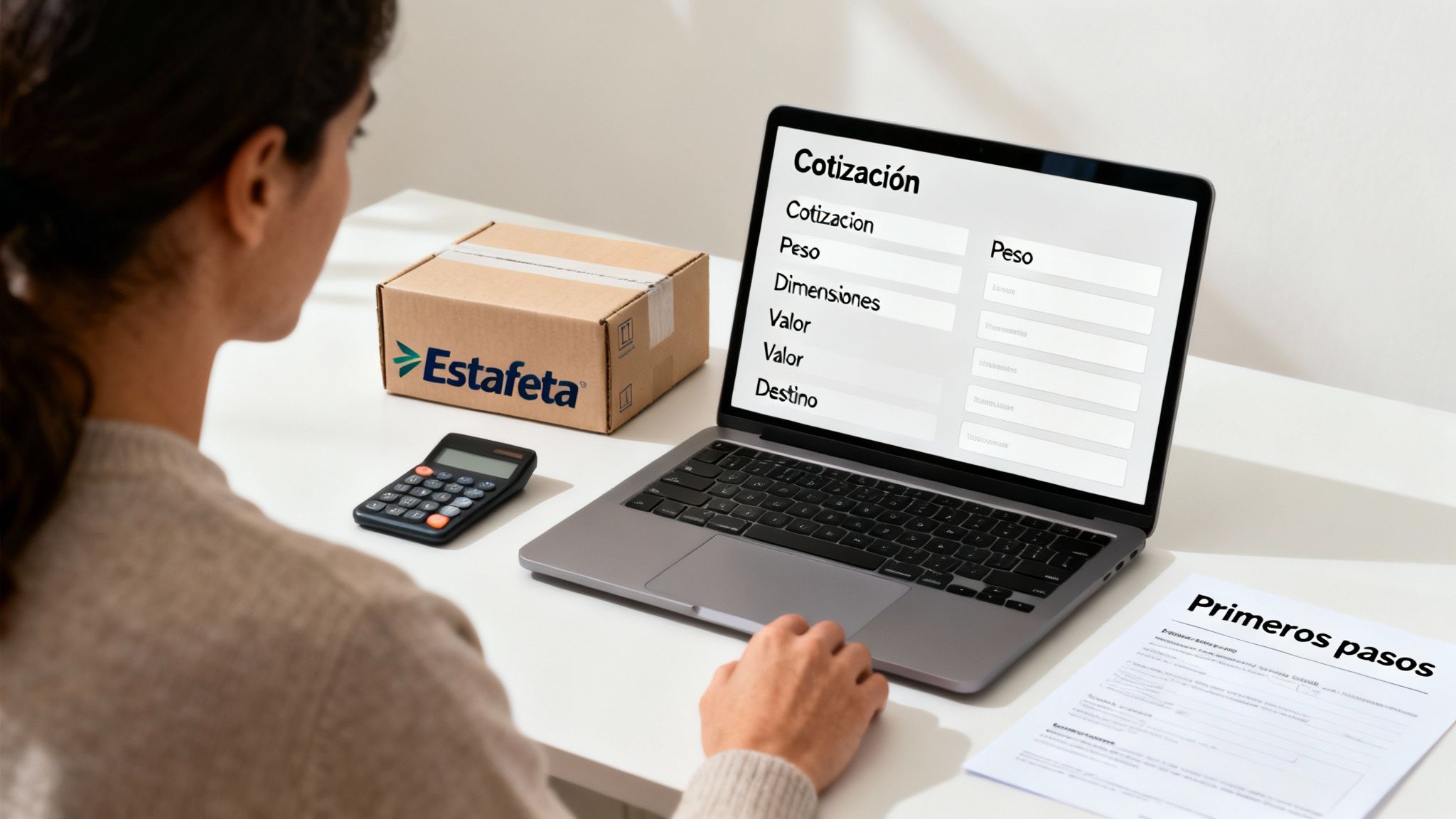 Mujer cotizando un envío de paquete Estafeta en laptop con calculadora y documentos sobre un escritorio.