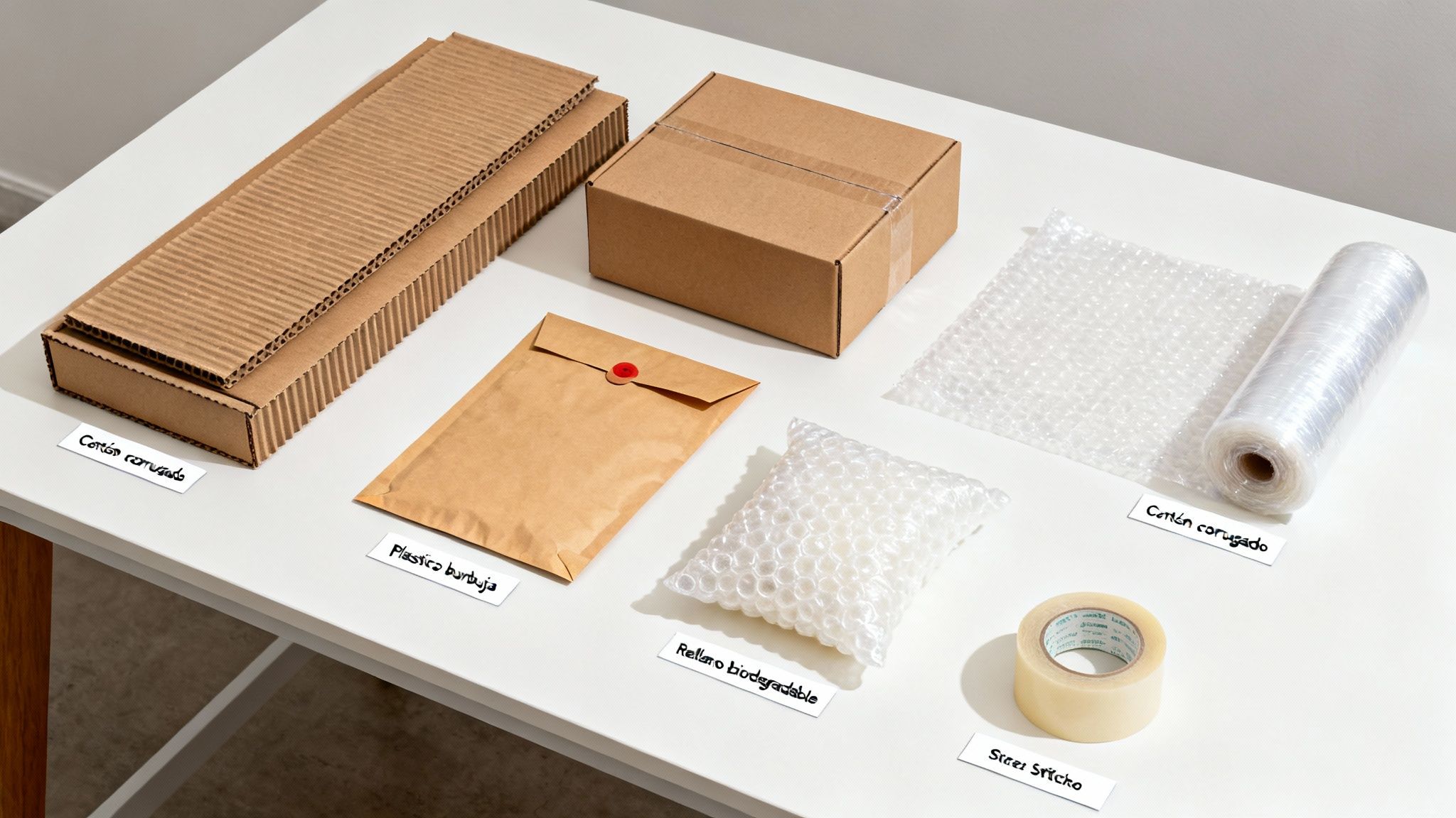 Materiales de embalaje variados sobre una mesa blanca, incluyendo cartón corrugado, plástico burbuja, sobres y cinta adhesiva.