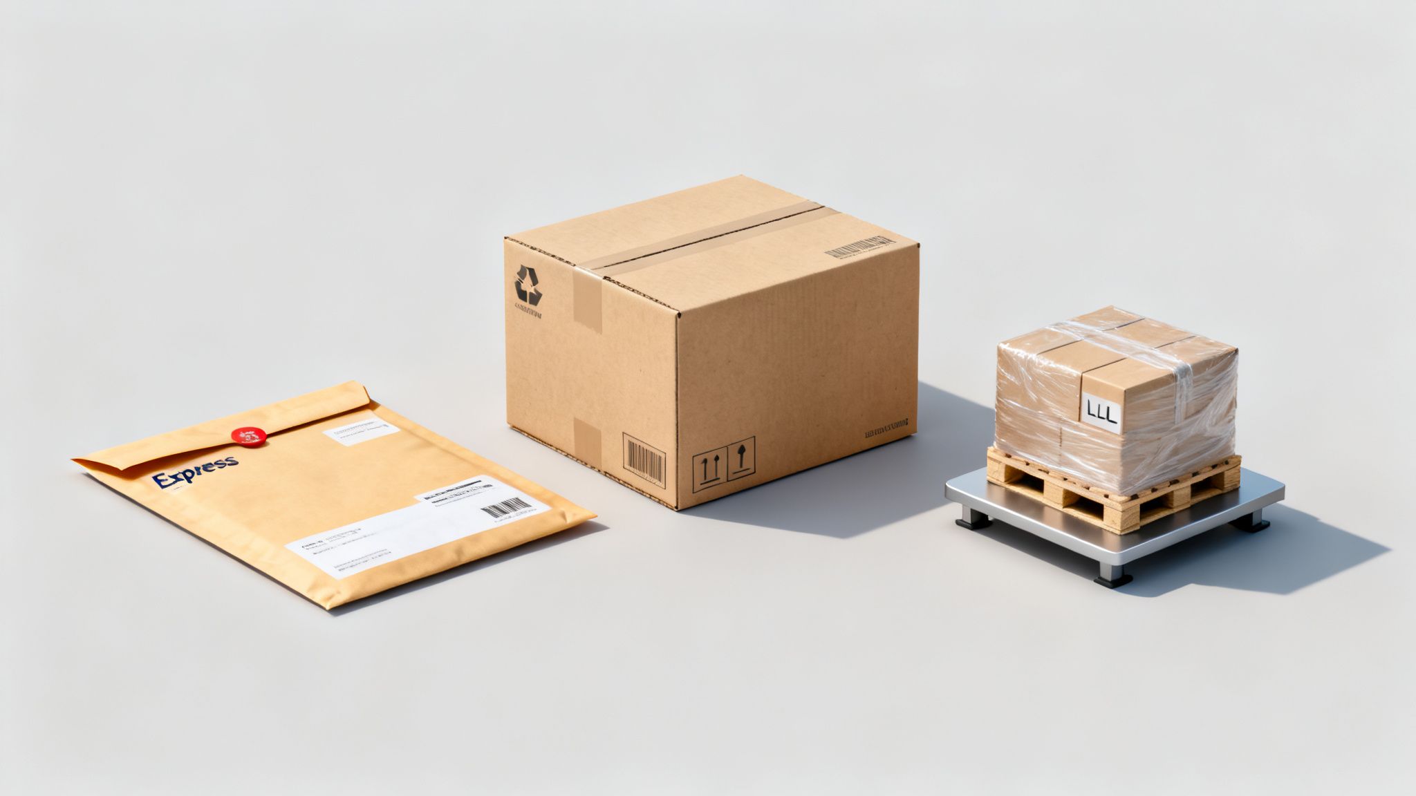 Una vista aérea de un sobre Express, una caja de cartón y un paquete en un palé, todo listo para envío.