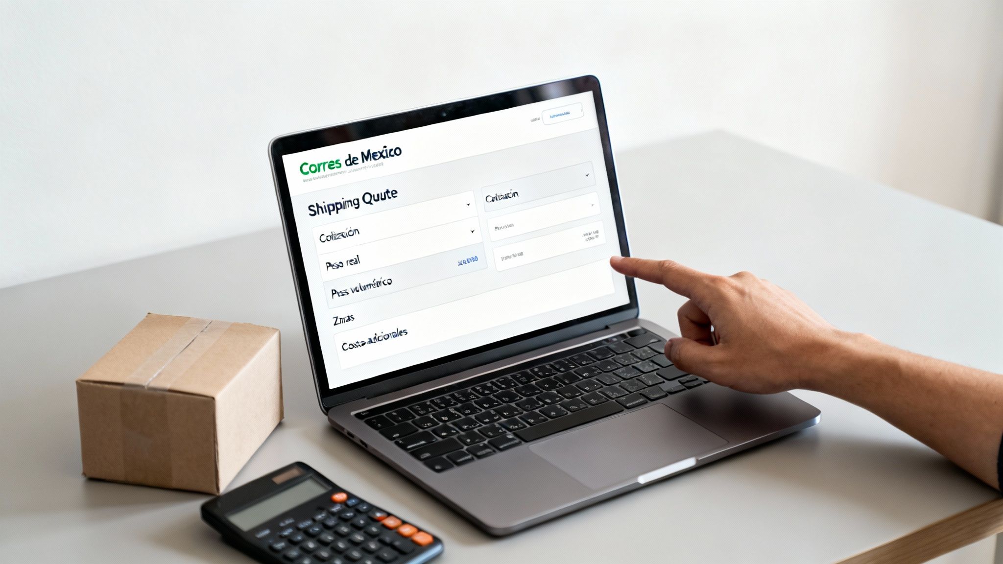 Mano interactuando con laptop mostrando cotización de envío de Correos de México, junto a una caja y calculadora.