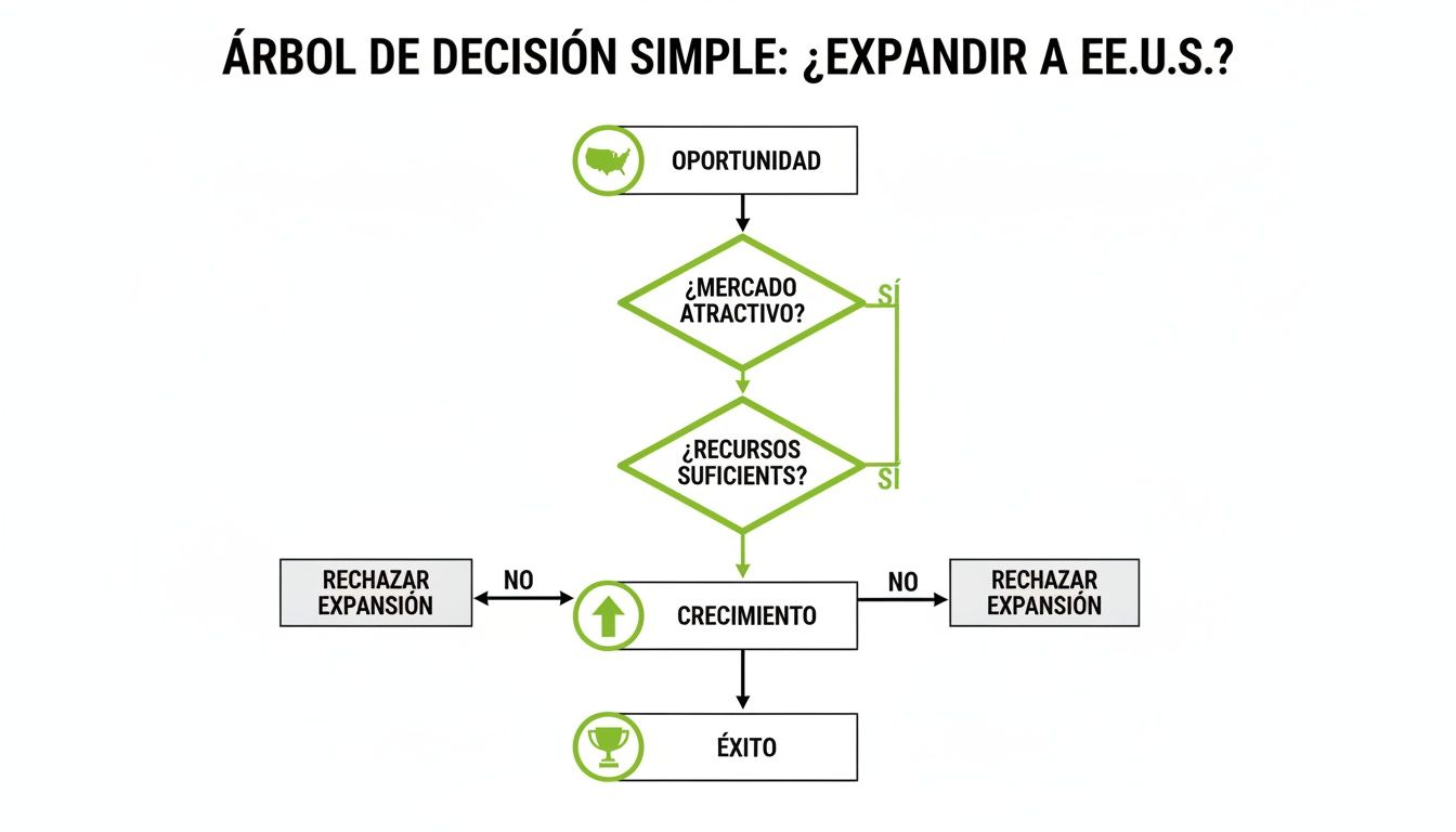 Árbol de decisión simple que evalúa la expansión de un negocio a EE.UU. a través de oportunidades, atractivo del mercado y recursos.