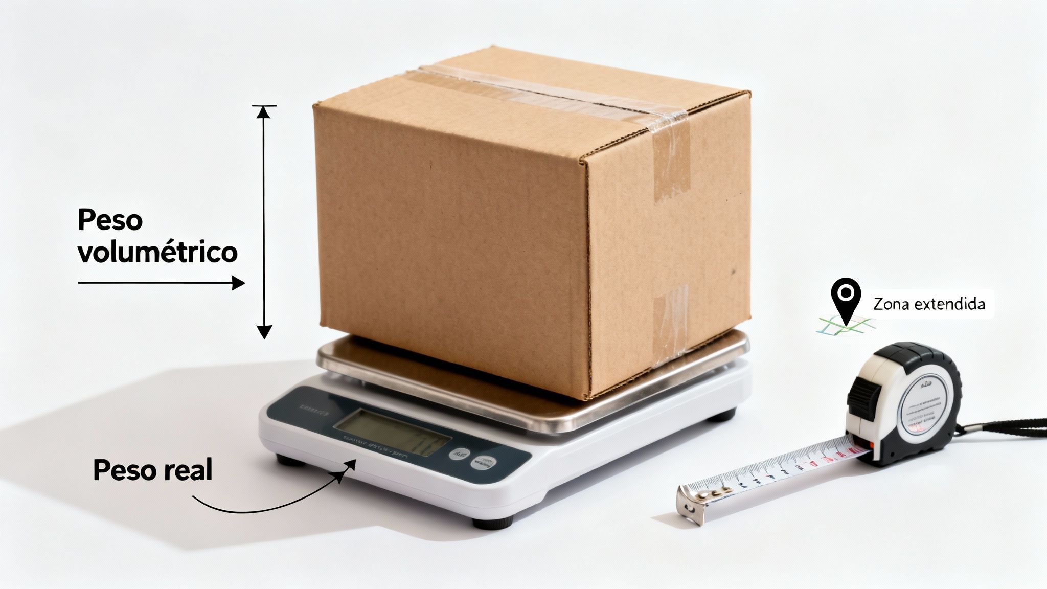 Caja de cartón sobre báscula digital con cinta métrica, mostrando peso real y volumétrico para envío.