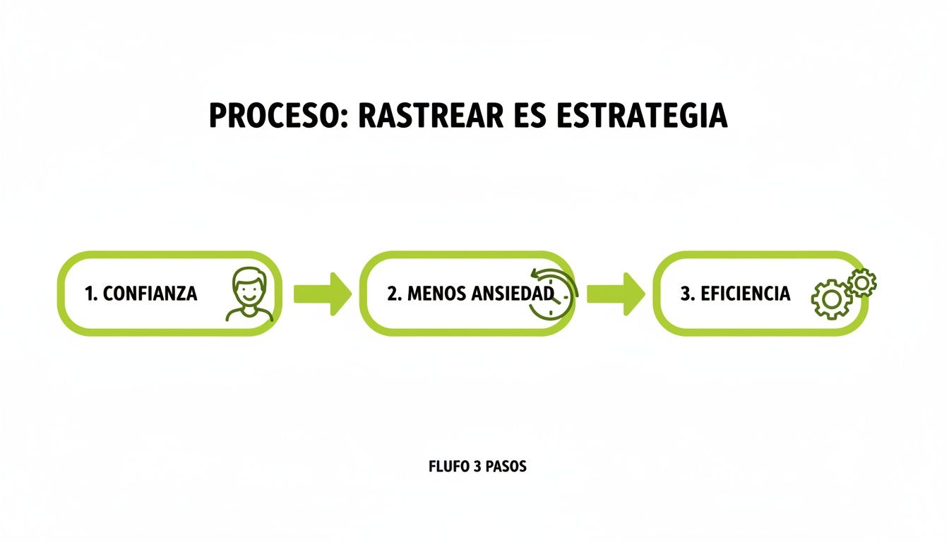 Un diagrama de flujo del proceso 'Rastrear es Estrategia' con pasos de Confianza, Menos Ansiedad y Eficiencia.