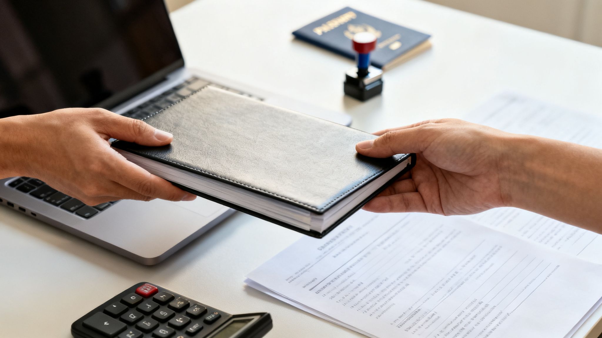 Dos manos intercambian un cuaderno negro sobre un escritorio con documentos, laptop, pasaporte y calculadora.