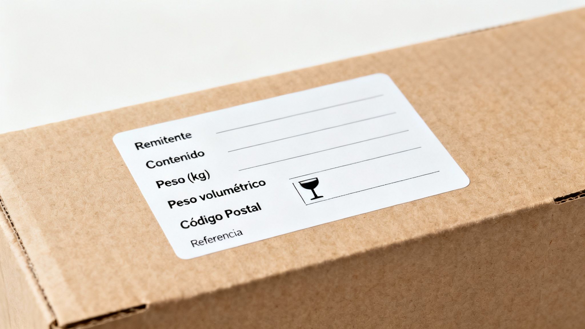Caja de cartón con etiqueta de envío en blanco, mostrando remitente, contenido, peso y símbolo frágil.