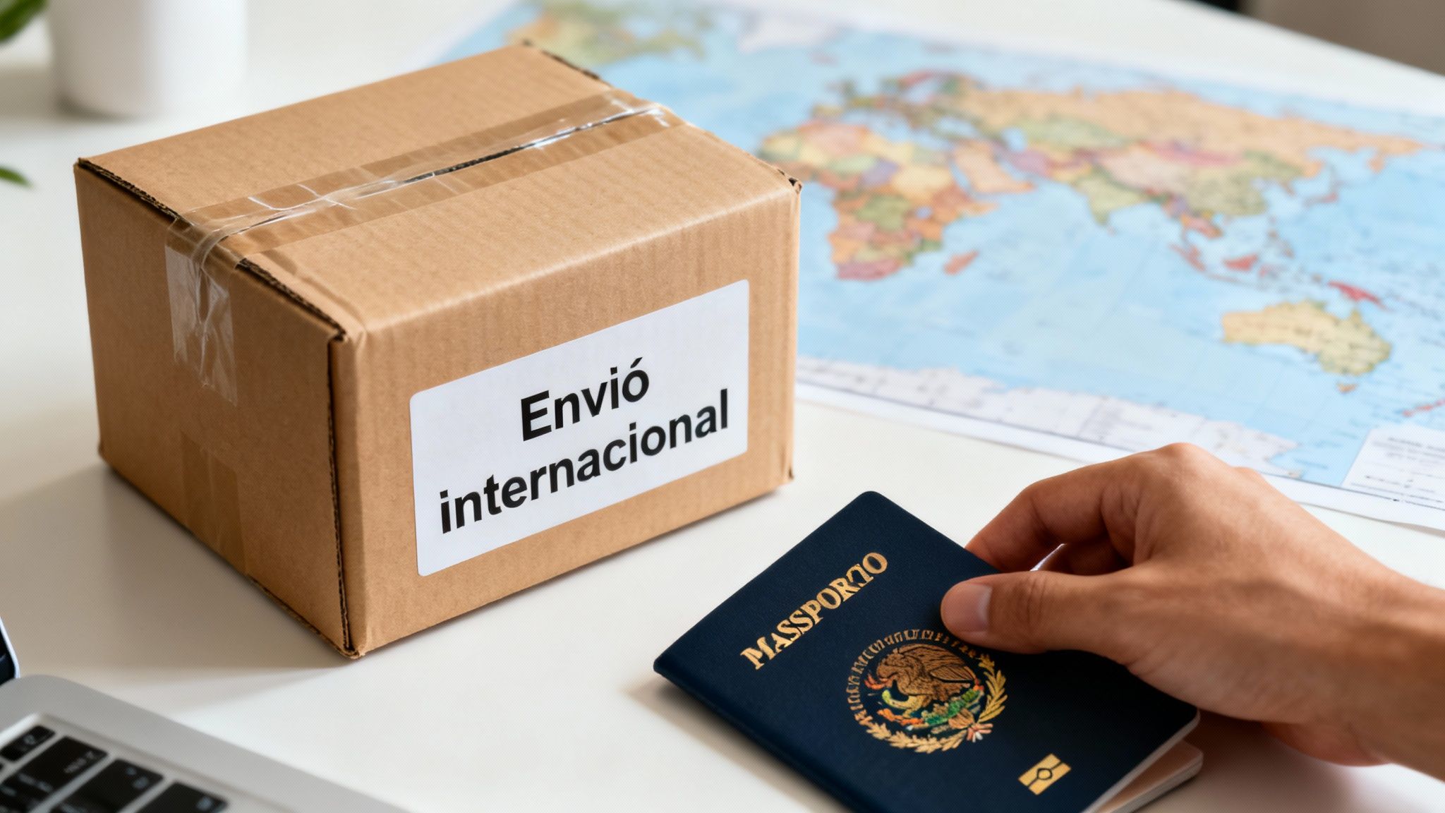 Una persona sostiene un pasaporte mexicano junto a un paquete de envío internacional y un mapa mundial.