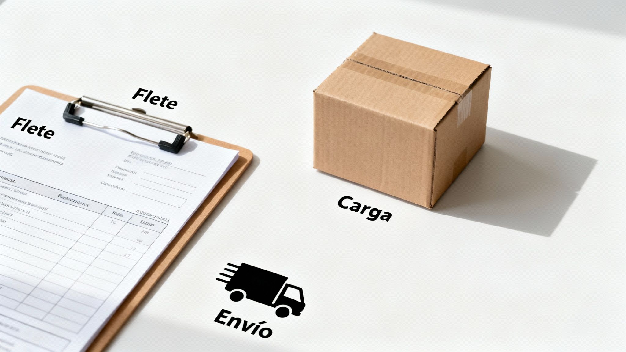 Documento de flete, caja de carga y camión de envío sobre una superficie blanca.
