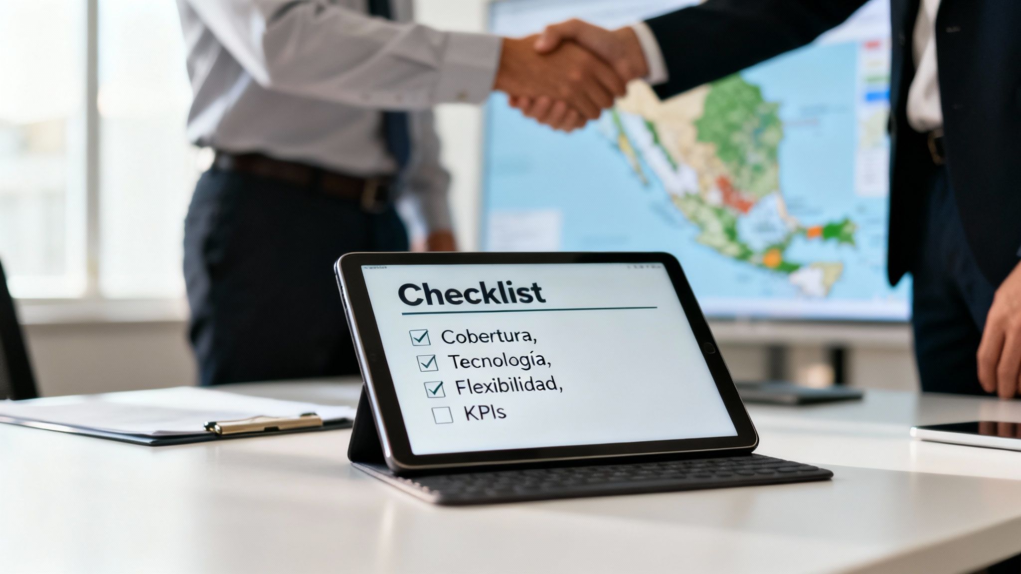 Dos hombres de negocios se estrechan las manos, con una tablet mostrando una checklist de planificación.