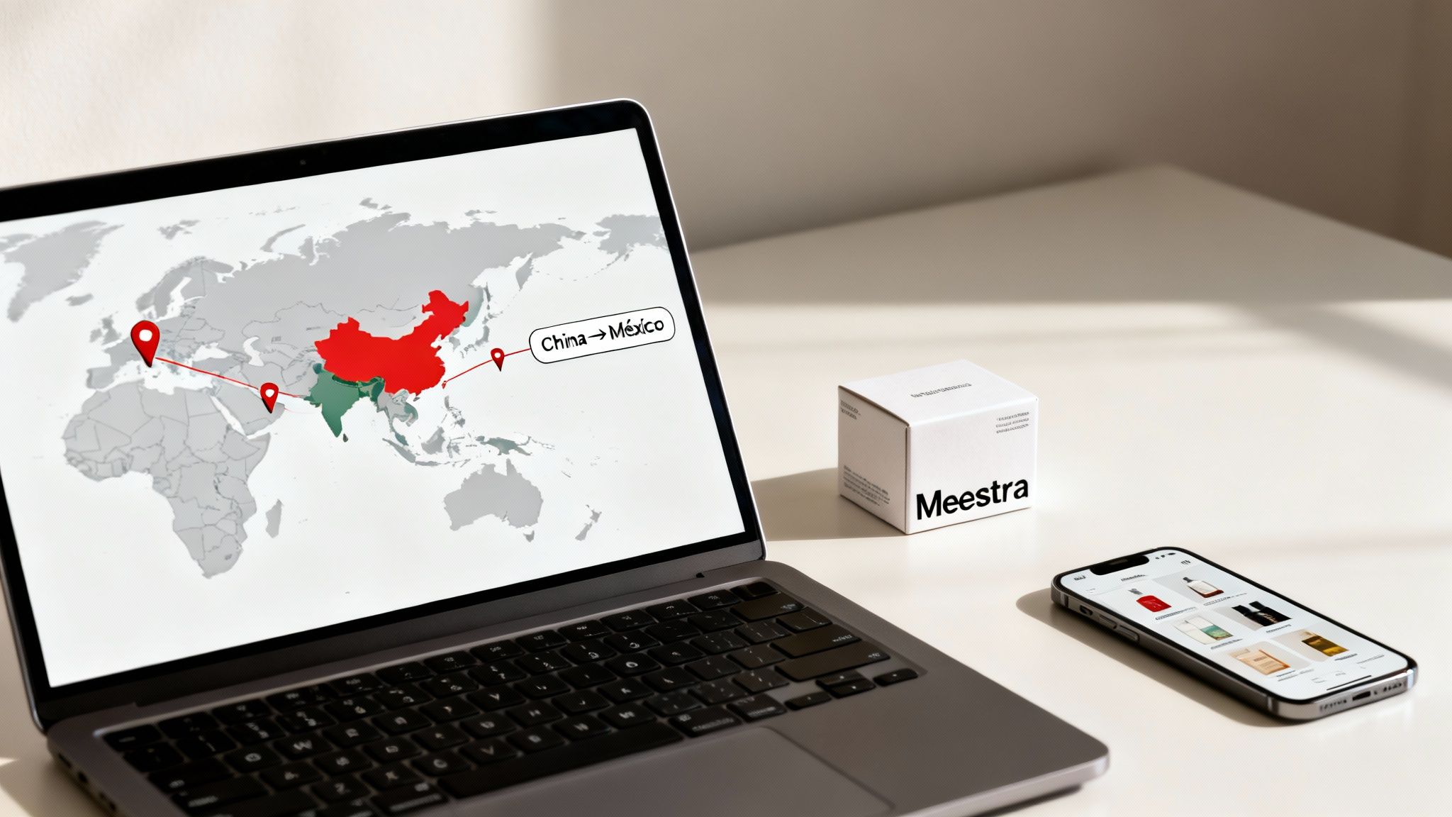 Un portátil muestra un mapa mundial con una ruta de envío de China a México, junto a una caja de producto Meestra y un móvil con una tienda online.