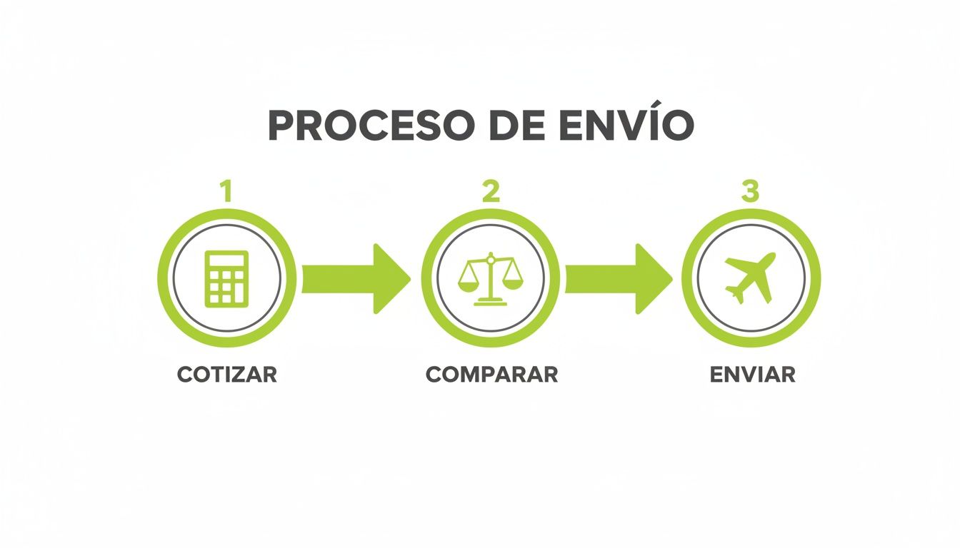 Proceso de envío en tres pasos: cotizar, comparar opciones y enviar paquetes con iconos.