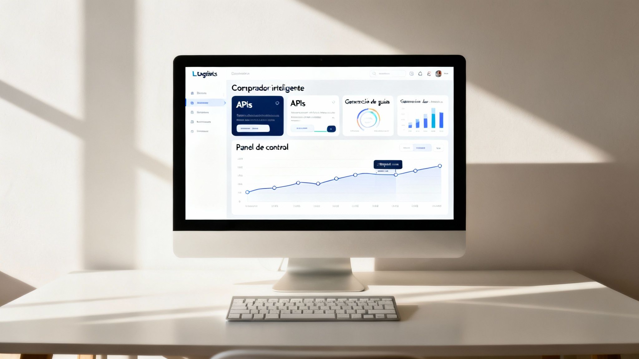 Pantalla de computadora iMac mostrando un dashboard de logística con gráficos de APIs y panel de control en un escritorio blanco.