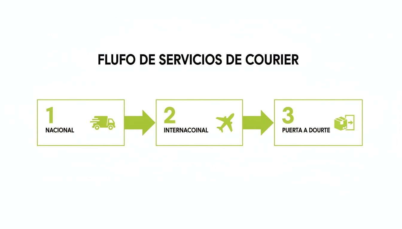 Diagrama de flujo de servicios de courier: nacional (camión), internacional (avión) y entrega puerta a puerta.