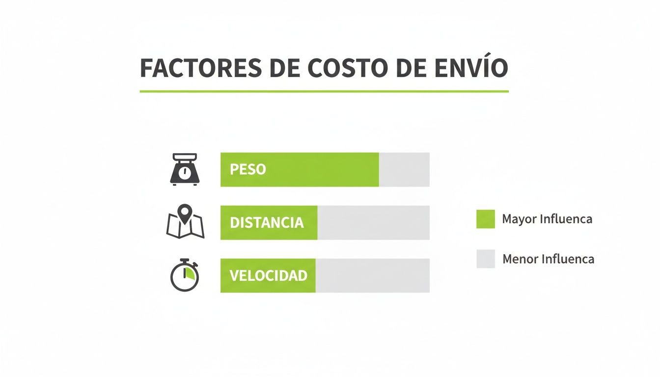 Gráfico de barras que ilustra los factores de costo de envío: peso, distancia y velocidad.