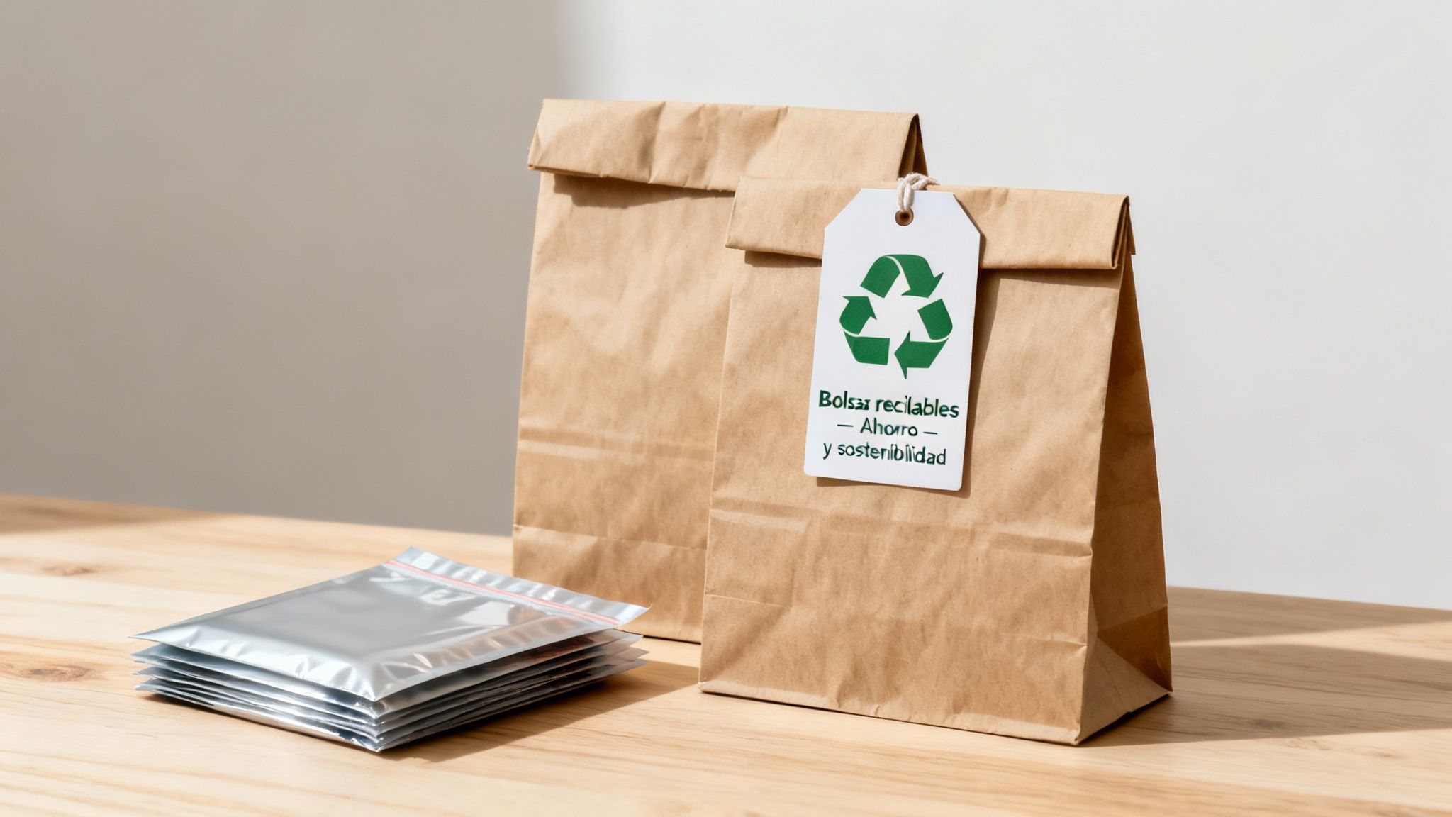 Bolsas de papel marrón y sobres reutilizables, con etiqueta de reciclaje, enfatizando la sostenibilidad.