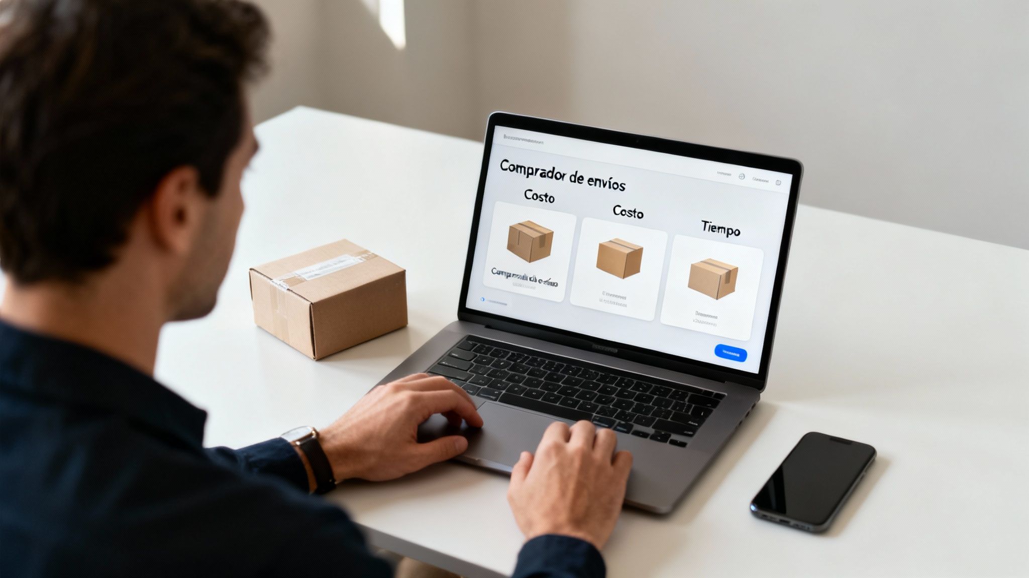 Persona comparando opciones de envío de paquetes en un portátil, con un paquete físico al lado.