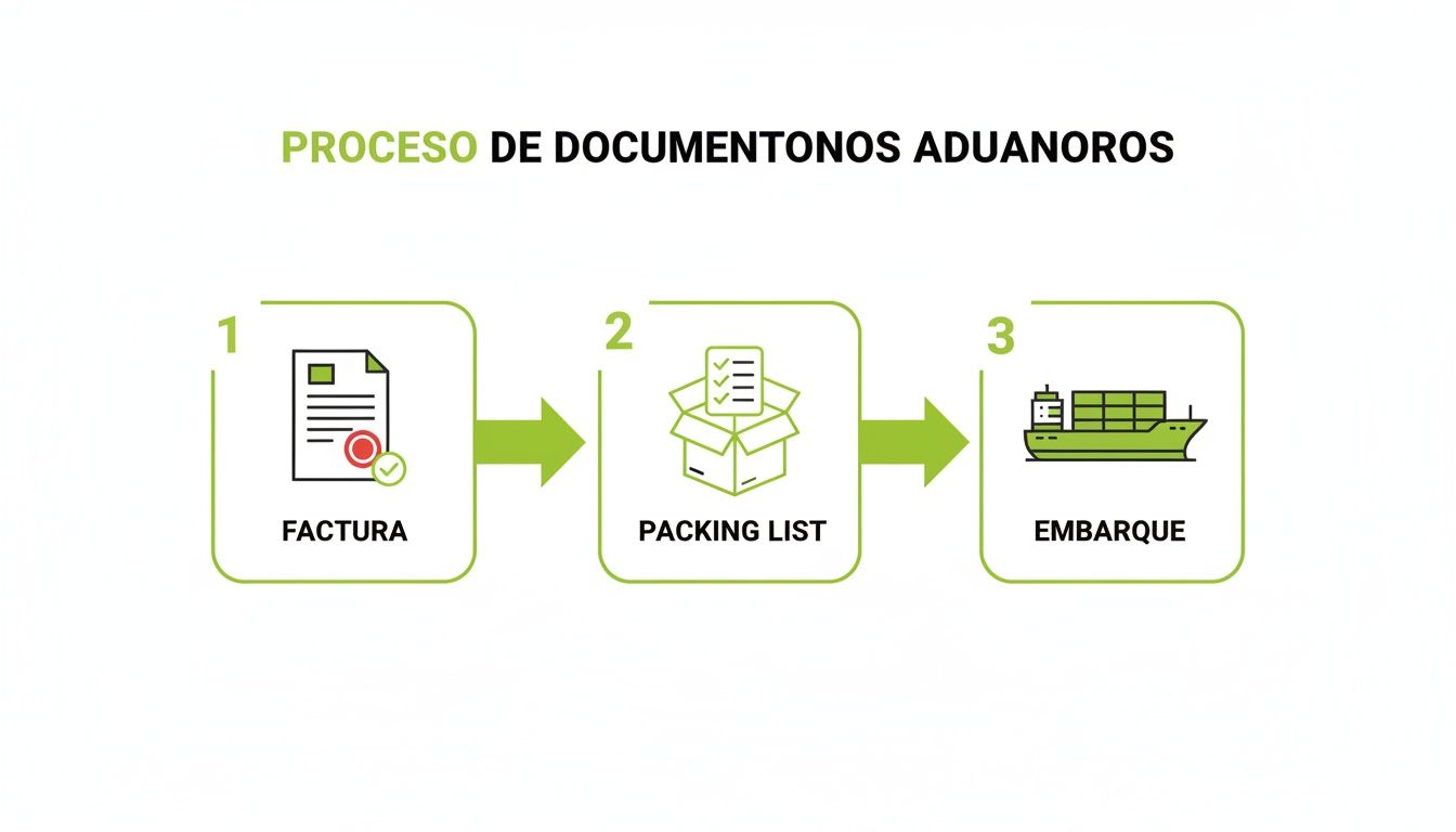 Proceso de documentos aduaneros: Factura, packing list y embarque, mostrando el flujo paso a paso de envío.