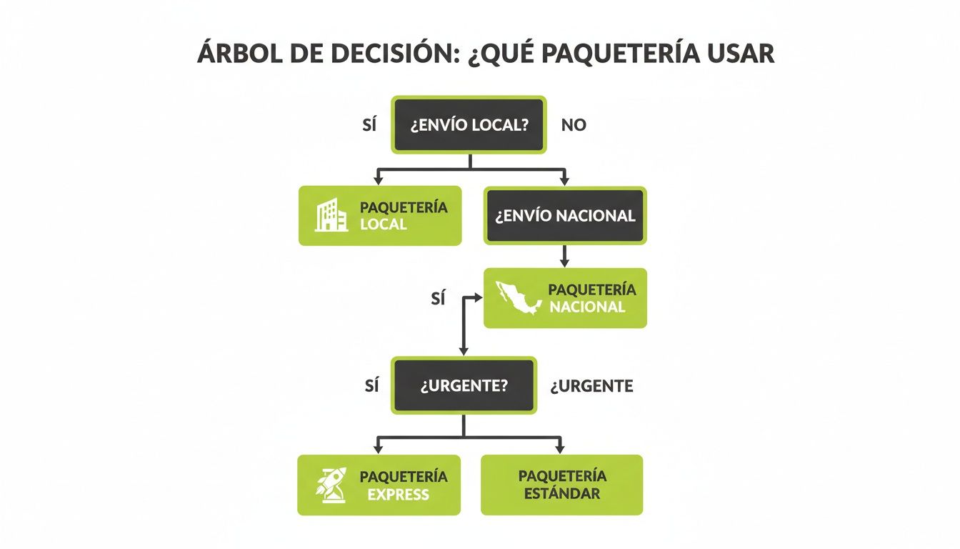 Diagrama de flujo que guía la elección de paquetería según sea envío local o nacional y si es urgente.